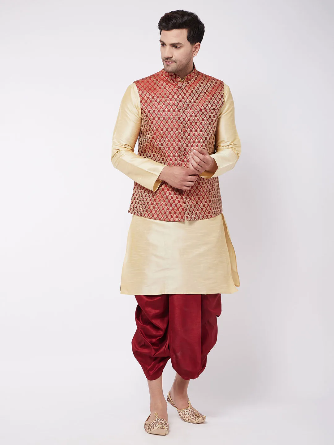 VM BY VASTRAMAY Men's Gold Silk Blend Kurta And Dhoti With Maroon Woven Nehru Jacket