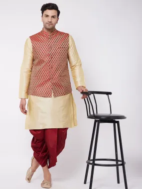 VM BY VASTRAMAY Men's Gold Silk Blend Kurta And Dhoti With Maroon Woven Nehru Jacket