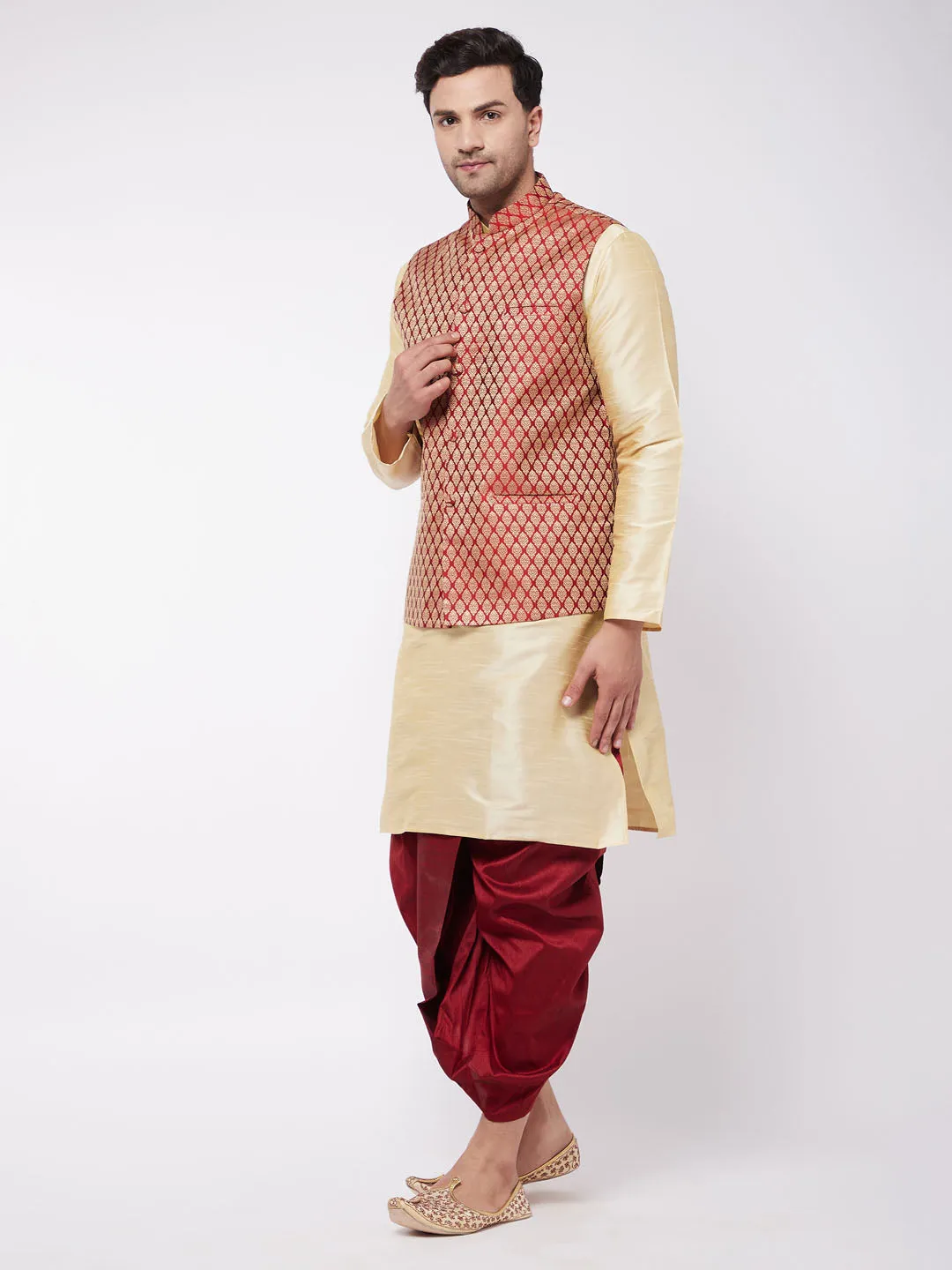 VM BY VASTRAMAY Men's Gold Silk Blend Kurta And Dhoti With Maroon Woven Nehru Jacket