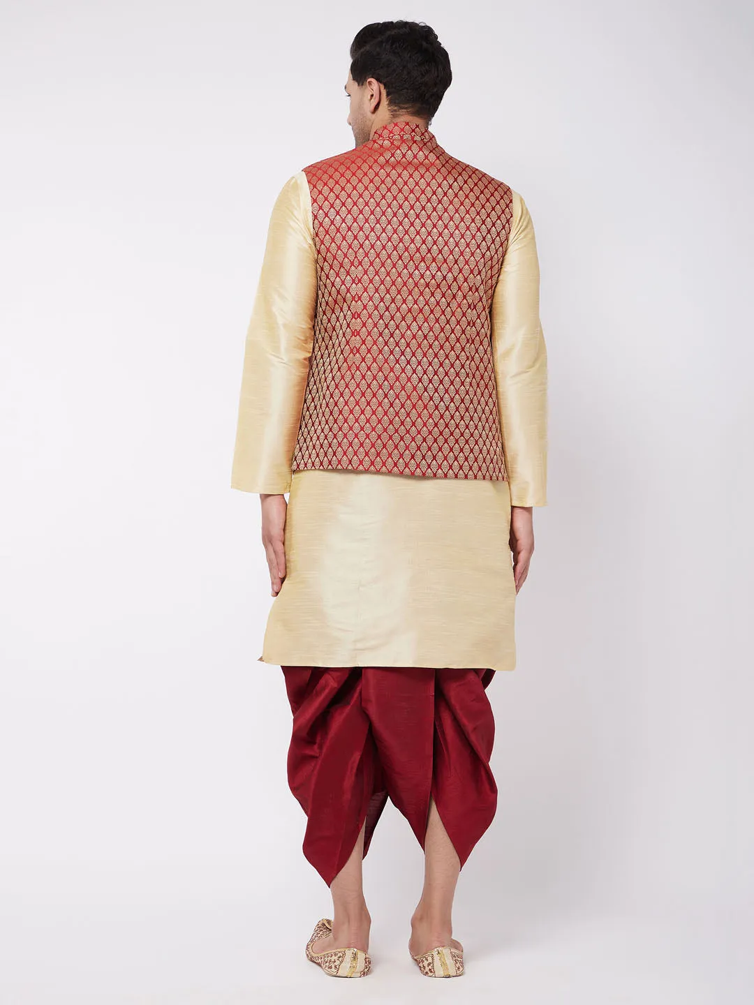 VM BY VASTRAMAY Men's Gold Silk Blend Kurta And Dhoti With Maroon Woven Nehru Jacket