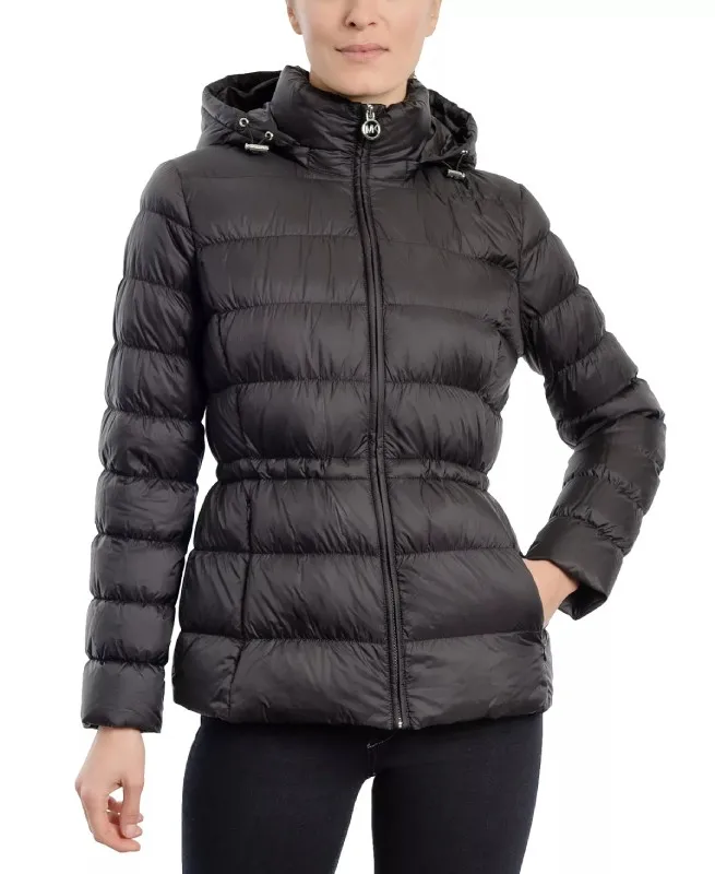 Womens Black Hooded Puffer Coat - TPJ