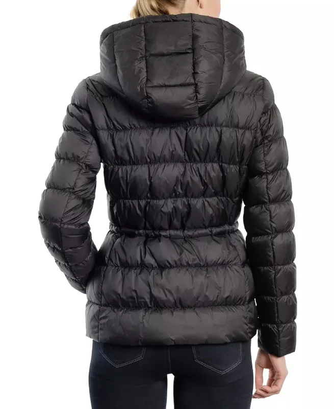 Womens Black Hooded Puffer Coat - TPJ