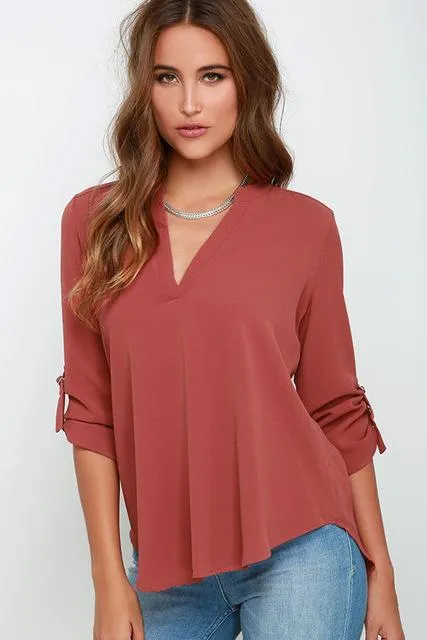 Women's Chiffon Wine Red 4XL Plus Size V-Neck Sleeve Blouse Shirt on Clearance