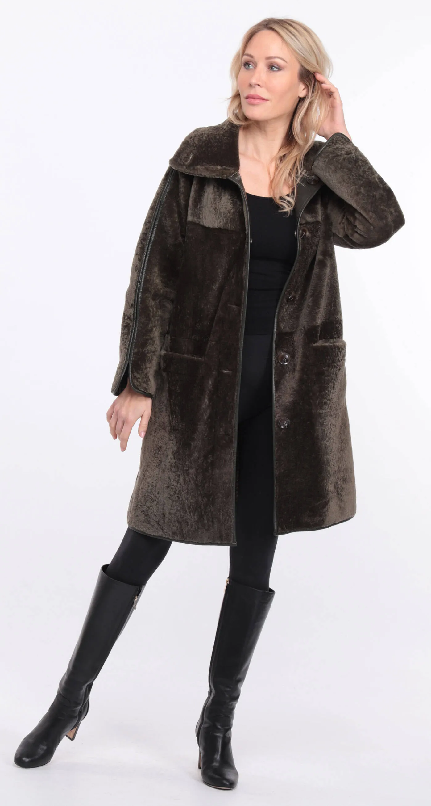 Women's reversible khaki gaby sheepskin coat