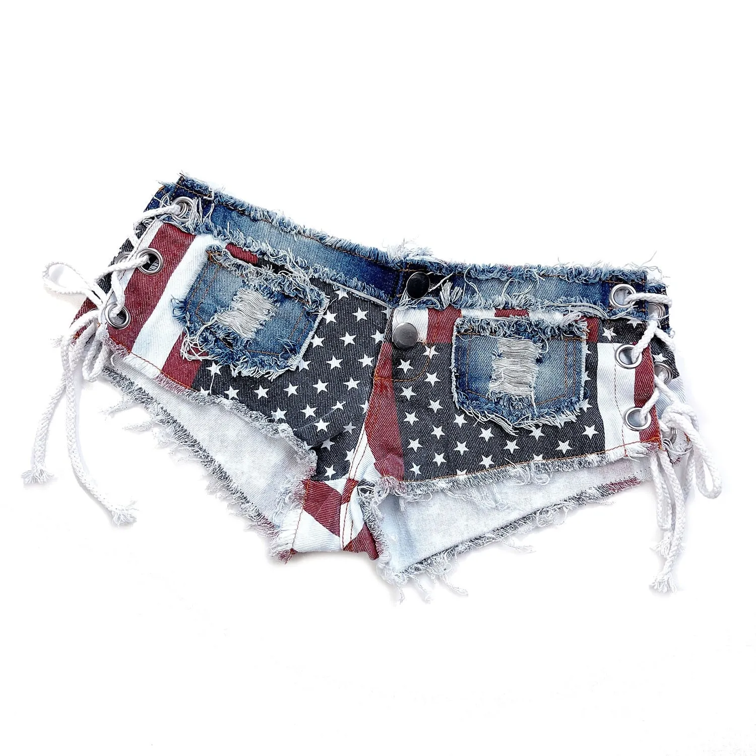 Women's Sexy Bandage Hole USA Flag Patchwork Low Waist Denim Shorts